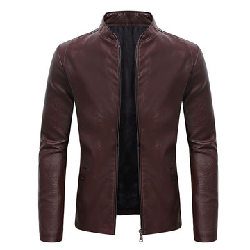 Men's Spring and Autumn New Business Casual Slim Long-sleeved Pu Leather Jacket Jacket Side Seam Pocket Zipper Solid Color